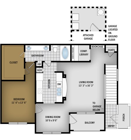 Floor plan for 1 bed, 1 bath, 987 sqft